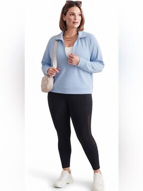 Blue Quarter Zip V Neck Blouse Pullover Top NWT